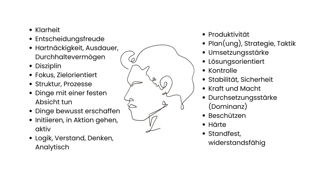 Zu viel männliche Energie als Frau: 6 Sofort-Lösungen Das Bild listet Eigenschaften auf, die der männlichen Energie zugeordnet werden.
