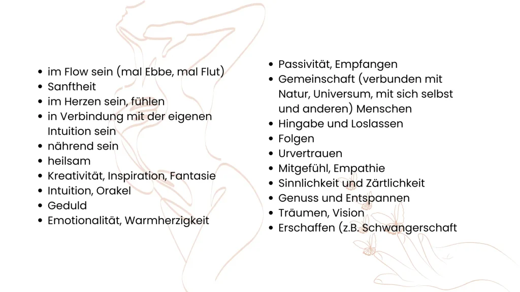 Zu viel männliche Energie als Frau: 6 Sofort-Lösungen Das Bild listet Eigenschaften auf, die der weiblichen Energie zugeordnet werden.