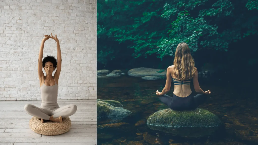 Wie komme ich in meine weibliche Energie Das Bild zeigt eine Frau in einem geschlossenen Raum beim Yoga und eine Frau auf einem Stein sitzend meditieren, der in einem Fluss ist. Yoga und Meditation sind Praktiken, um in die weibliche Energie zu kommen.